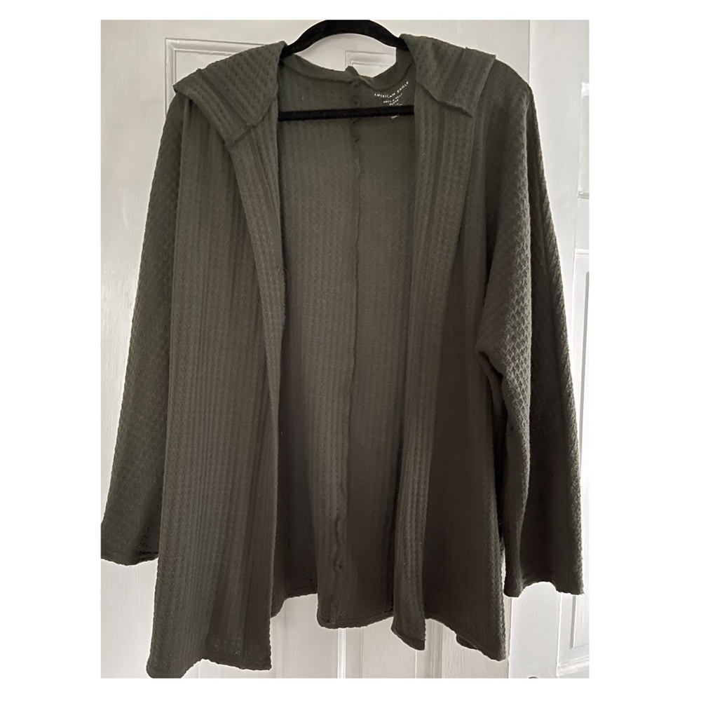 American Eagle Waffle Hooded Olive Green Long Sleeve Open Cardigan